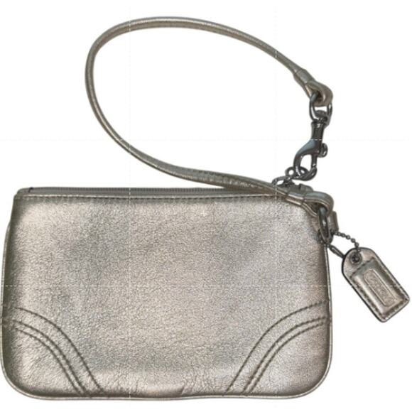Gold Faux Leather Wristlet Bag Coach‑Inspired Mini OS Metallic Zip Closure - Picture 2 of 5